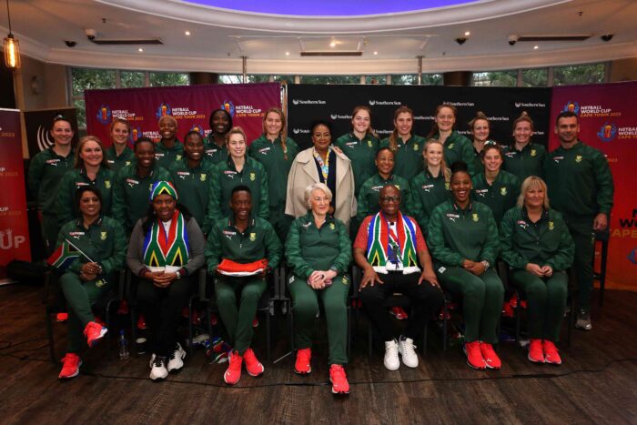 South African Minister of Sport, Arts and Culture Minister Zizi Kodwa and Spar Proteas captain, Bongi Msomi at the Ministerial handover ceremony of the South African flag to the South African Netball Team. Photo by Netball World Cup.