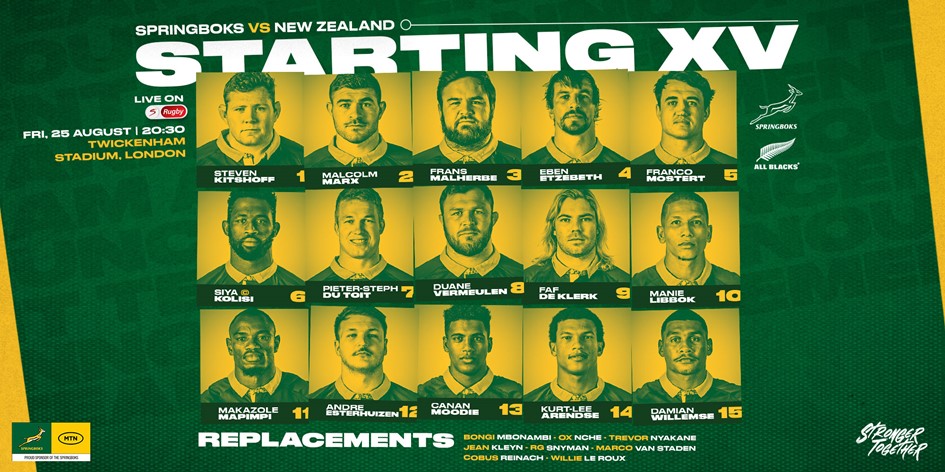 Springbok Score 5 September Springboks selects Canan Moodie at outside centre against All Blacks ...