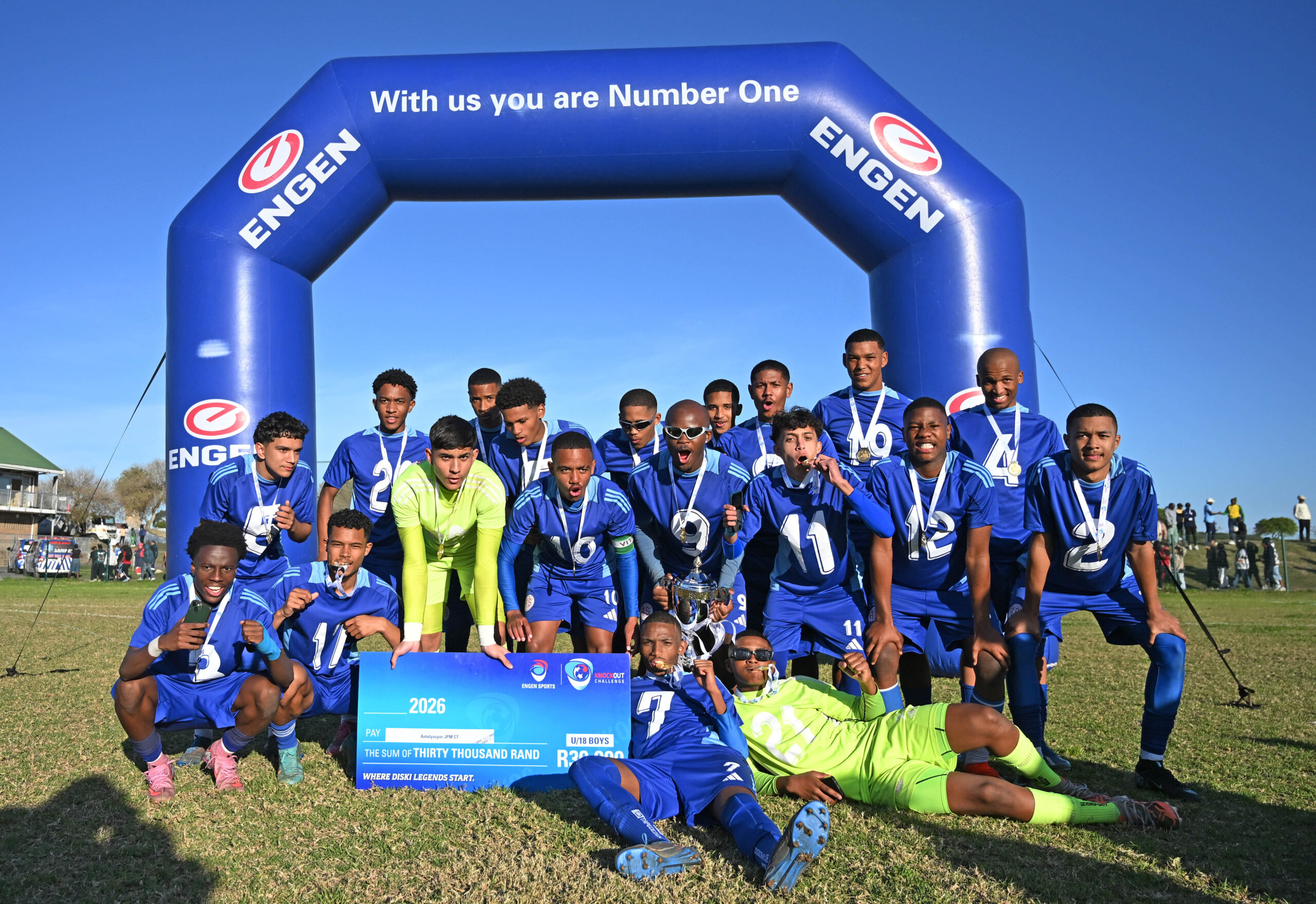 Football – 2026 Engen Knockout Challenge – Western Cape – Final Day – Erica Park – Cape Town Antalyaspor JPM players celebrate victory with trophy after the final day of the 2026 Engen Knockout Challenge Western Cape regionals at Erica Park in Cape Town on 26 July 2026 © Ryan Wilkisky/BackpagePix