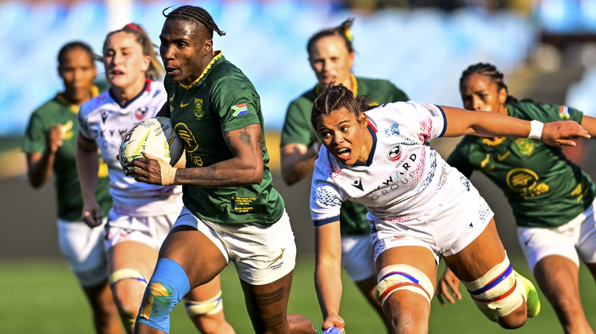 Women’s International: South Africa v USA PRETORIA, SOUTH AFRICA - JULY 11: Ayanda Malinga of South Africa scores a try during the Women's International match between Springbok Women and USA Women at Loftus Versfeld on July 11, 2026 in Pretoria, South Africa. (Photo by Ashley Vlotman/Gallo Images)